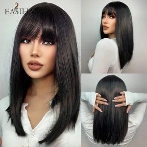 Pelucas Easihair pelucas negras rectas con fibra de cabello de cosplay de cosplay de cospla de costo natural de Bang Medium Long Long