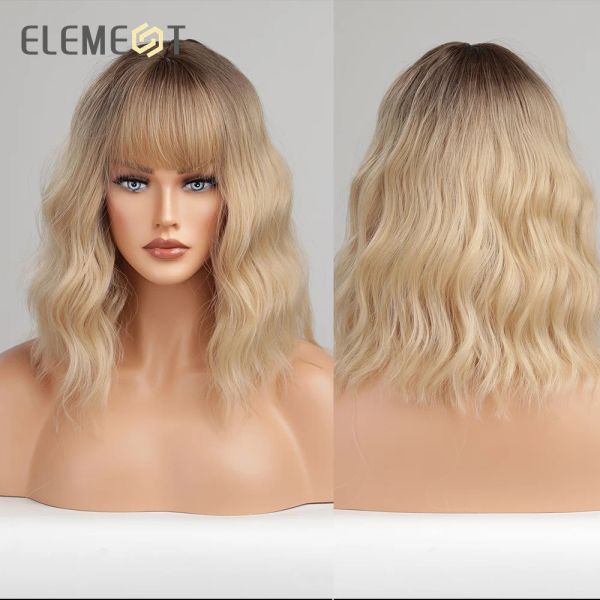 Perruque élément 16 pouces ombre Golden Blonde Loose Curly Hair Wig With Bangs Lolita Cosplay Party Daily Wigs for Women