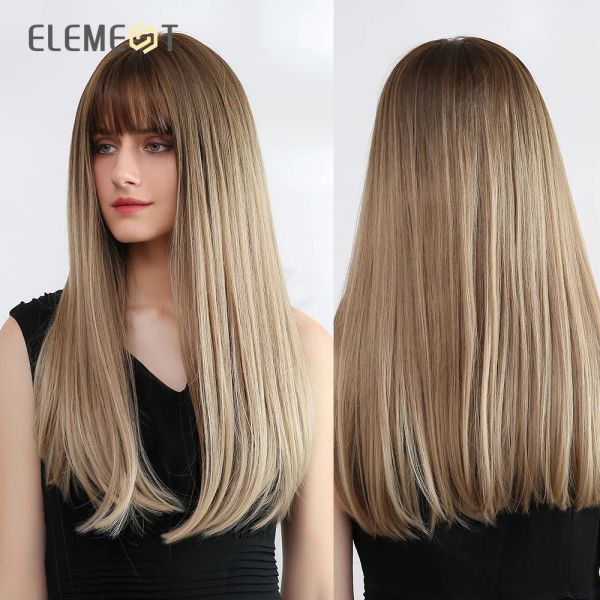 Élément perruque Long Straitement ombre brun synthétique Perruques avec une frange pour les femmes blanches noires Cosplay Party Daily Use résistant à la chaleur