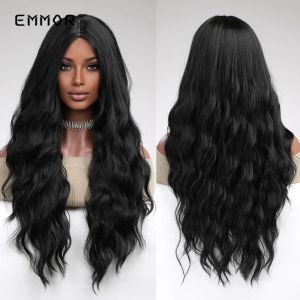 Perruques Emmor synthétique brun foncé noir perruque longue partie vague cheveux perruque pour femmes naturel ondulé résistant à la chaleur Cosplay perruques