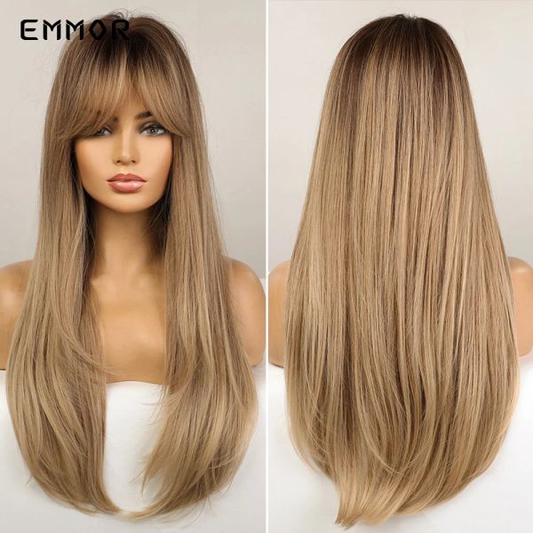 Perruques Emmor Wigs de poils synthétiques avec une frange longue perruques droites pour les femmes résistantes à la chaleur ombre noir brun doré blonde blonde perruques de cosplay