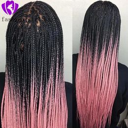 Pruiken Mode Ombre haar lange pruik Roze kleur Synthetische Kanten Voorpruiken Handgebonden Gehaakte doos gevlochten microvlechten Pruik Voor zwarte vrouwen