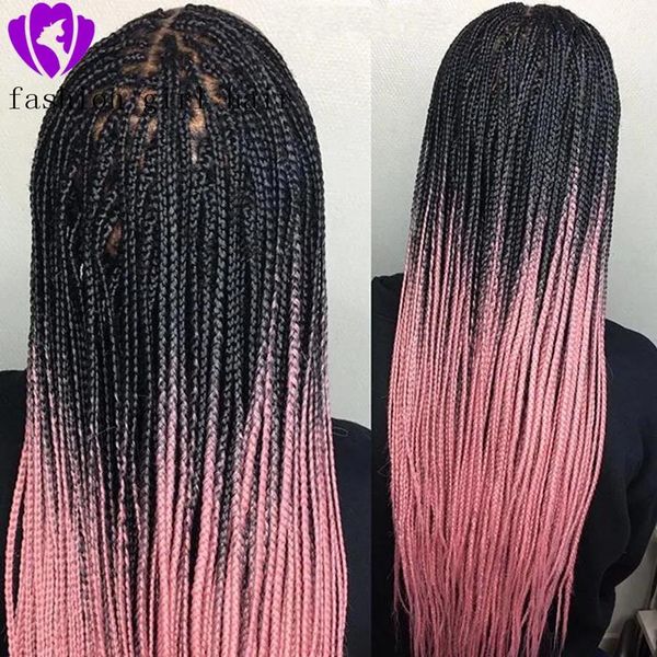 Pelucas Moda Ombre Pelo largo Peluca Color rosa Pelucas delanteras de encaje sintético Caja de ganchillo trenzada a mano micro Trenzas Peluca para mujeres negras