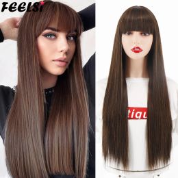 Pruiken FEELSI Synthetisch haar Lange rechte pruik met pony Kerstmis Bruin Pruik Oranje Zwart Roze 26 Inch Halloween Cosplay Voor Vrouwen