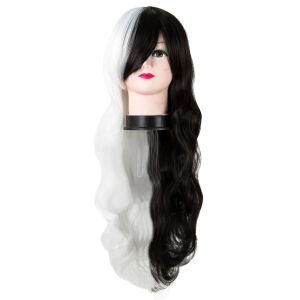 Wigs Feishow Synthetische hittebestendige Lange krullende hellende pruiken pruik kostuum cosplay salon feest half zwart en wit haarstukje half zwart en wit haarstukje