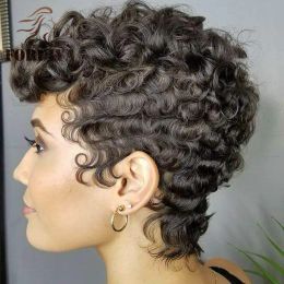 Pelucas Foruiya Hair Pixie Cut Pelucas Afro Corto Rizado Completo Con Flequillo Peluca Sintética Brasileña Mixta Recta para Mujeres Negras