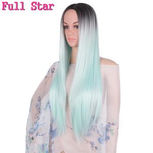 Perruques Full Star Black Ombre Grey Wig Coiffes synthétiques 60cm 280g Long Silky Straight Head Full Black Gris Wigs For Women Hair