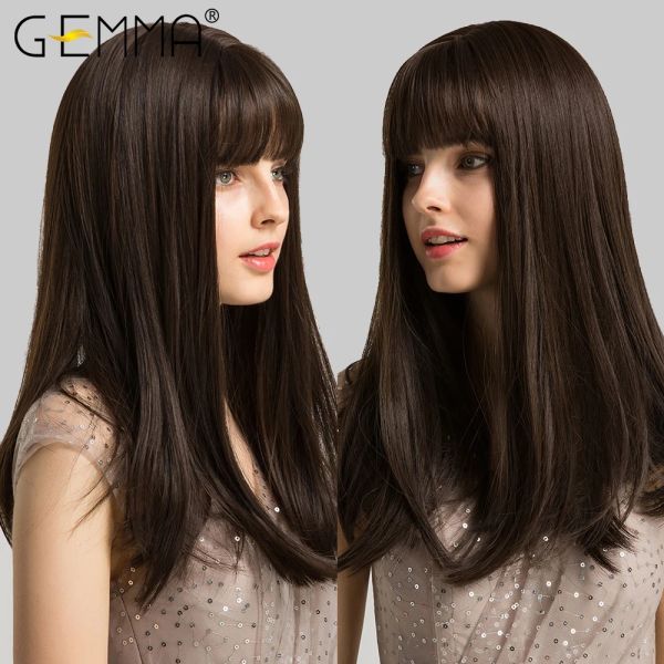 Perruques gemma noir brun foncé long bob droit bob synthétique perruques de bangs cosplay fête quotidienne de cheveux résistants à la chaleur pour femmes noires