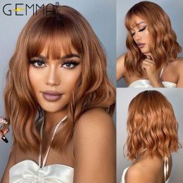 Perruques gemma bob perruque rouge brun cuivre cuivre gingembre moyen wig wigs synthétiques ondulés avec une frange pour les femmes coiffures de cosplay résistant à la chaleur quotidienne naturelle
