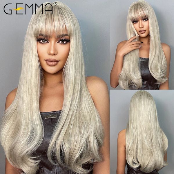 Perruques GEMMA Cosplay perruque synthétique longue ondulée naturelle blonde platine avec frange pour femmes Lolita fête quotidienne fibre résistante à la chaleur