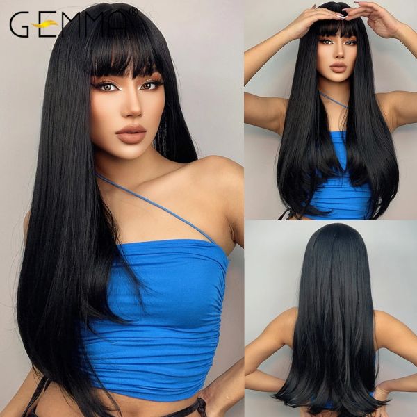 Perruques gemma cosplay perruques synthétiques noires longues longues avec frange pour femmes afro-américain lolita quotidien fibre résistant à la chaleur