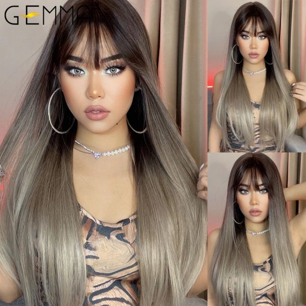 Perruques Gemma Long droite Wig Synthétique ombre Wig Brown Grey Wig with Bangs for Women Cosplay Lolita Daily Party Fiber therm Resistant