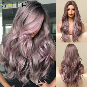 Perruques GEMMA Long Wavy Ombre Brown Purple Synthetic Wigs for Women Res résistant à la chaleur Natural Middle Part Cosplay Party Lolita Hair Wigs