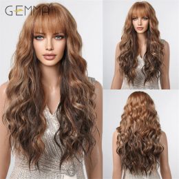 Perruques Gemma Golden Golden Dark Brown Long Wig ondule Wavy avec frange synthétique Curly Natural Hair Wig Women's For Cosplay Daily Time résistant