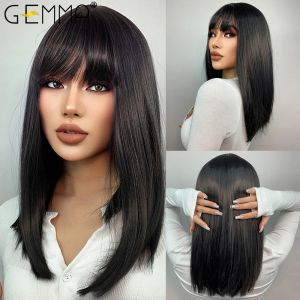 Wigs Gemma Natural Black Medium Rechte Bob Synthetische Wig Hair Cosplay Party Lolita Women Girls Pruiken met pony hittebestendige vezels