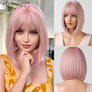 Perruques Gemma Pink Short Bob Wig With Bangs Synthetic Pink Cosplay Wigs for Women Natural Straight Lolita Party Hair Wig résistant à la chaleur