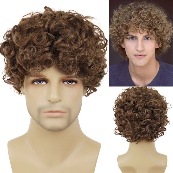 Pelucas gnimegil pelucas rizadas para hombres cabello sintético pelucas naturales color marrón cortes de pelo esponjos