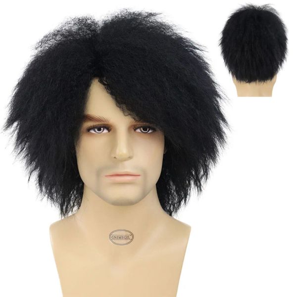 Perruques GNIMEGIL synthétique Afro perruques pour homme gros cheveux lâches droite Yaki perruque 1960s Halloween Costume perruques mâle Rocker perruque Disco bal