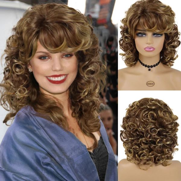 Perruques gnimegil cheveux synthétiques mélange brun brun curly perruques pour femmes perruque afro-américaine afro curl perruque naturelle avec une frange peut être permulée