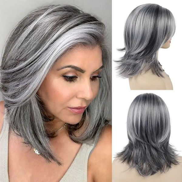 Pelucas gnimegil pelucas sintéticas para mujeres cabello largo anciano cabello en capas con cortina flequillo mezcla color gris peluca natural para diariamente