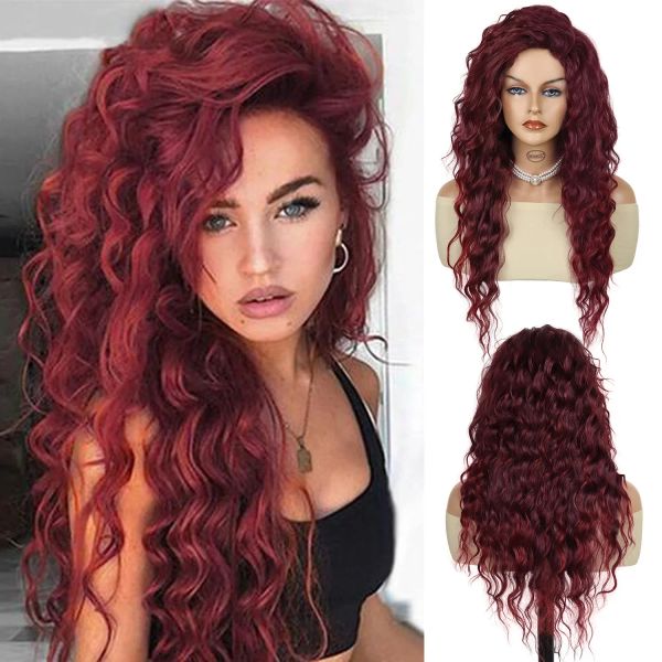 Perruques Gnimegil Wigs synthétiques pour les femmes perruque rouge longue rouge avec une pièce libre épaisse des peintures de vagues d'eau des cheveux semette les unités d'Halloween Wig