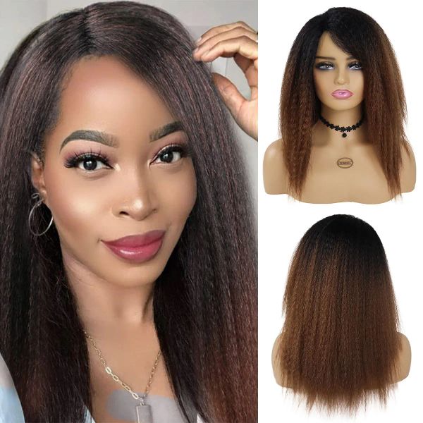 Pelucas Gnimegil Synthetic Yaki Hair Wig Afro Kinky Cabello liso Peluca para mujeres negras Diario