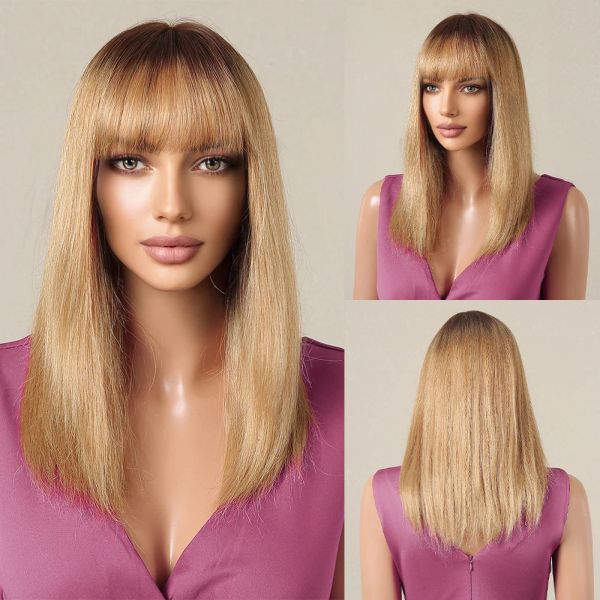 Perruques Golden Brown Blonde Straitement 100% Remy Human Hair Wig for Women Natural Short Wigs avec une frange 14 pouces de poils humains résistants à la chaleur