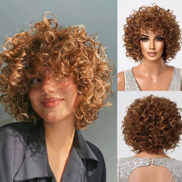 Perruques Golden Brown Wig Synthétique Short Pinky Curly Bomb Wig Full Fluffy Afro Fake Cair for Black Women Daily Cosplay résistant à la chaleur