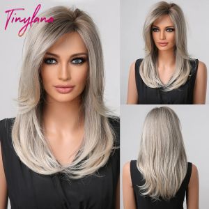 Wigs Gray White Blonde Midlengte Synthetische haarpruiken Medium rechte ombre pruik met lange pony voor vrouwen Natuurlijke cosplay gelaagde pruik