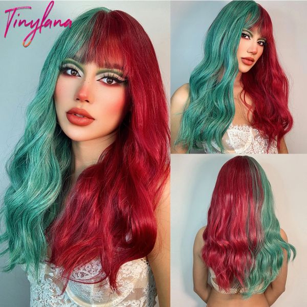 Pelucas verdes y rojos pelucas onduladas largas con flequillo de cosplay de navidad cabello de halloween dos tono omber pelucas sintéticas para mujeres resistentes al calor