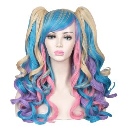Perruques Gres Synthetic Cosplay Wigs Ponyton Pony Res résistant à la chaleur Fibre Cosplay Anime pour femmes Multicolor Long Wavy Hair for Party