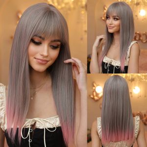 Wigs Gray Pink Ombre Long rechte synthetische pruiken met pony voor vrouwen cosplay feest dagelijks gebruik pruik pruik natuurlijke haarpruik warmte resistent