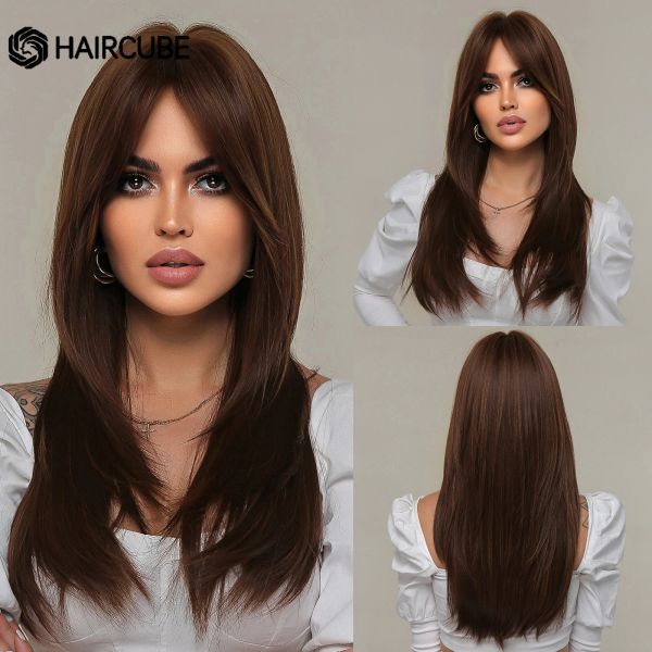 Pelucas de corte de cabello marrón luces sintéticas pelucas largas rectas con flequillo para mujeres pelucas de fibra resistentes al calor del cabello natural