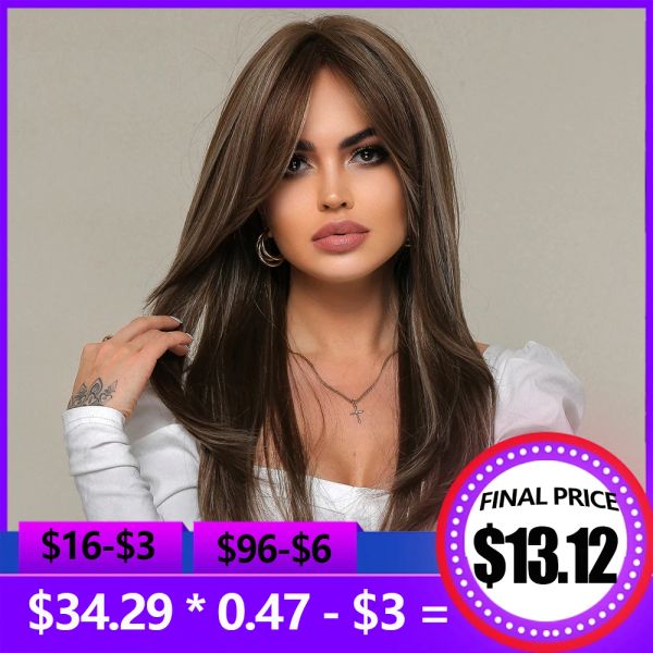 Perruques Coupe de cheveux longue perruques synthétiques droites bruns Brown Mydgit Highlight Hair Ealling Wigs for Black Women Resistant Cosplay Wigs