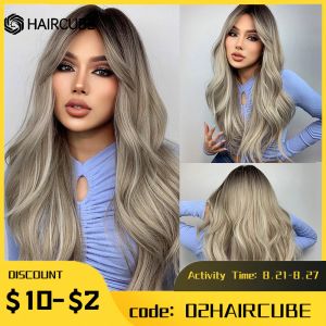 Perruques Hairbebe Long Wavy Black Brown Gris Gris Gris Synthétique Perruque avec Bangs Cosplay Wig Daily Natural pour femmes cheveux résistants à la chaleur