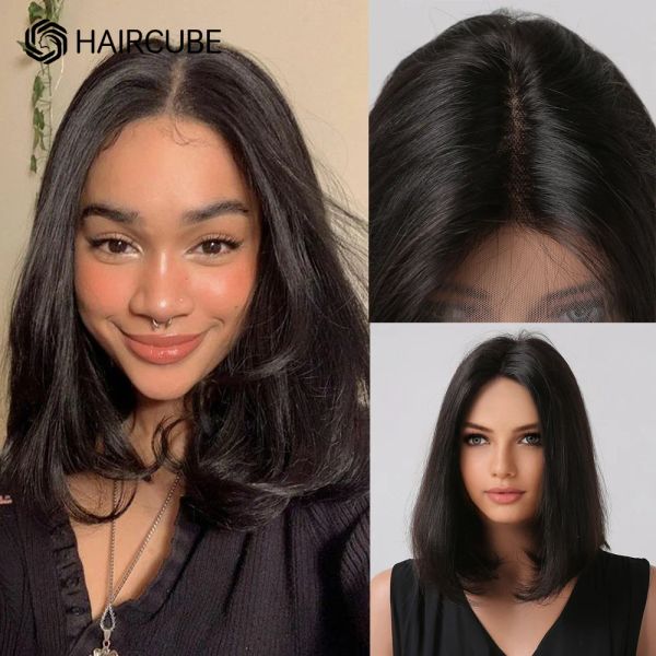 Perruques Coupe de cheveux naturelle Couleur moyen long Bob de cheveux humains Lace dentelle Perruques avant pour les femmes Longueur du milieu de la longueur du milieu naturel perruque moelleuse