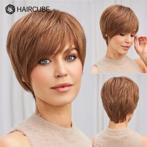 Perruques Coupe de cheveux courte à cheveux humains Wigs Pixie Couper la perruque droite avec une perruque bob sans glueless de brun toasté pour femmes perruque de cheveux humains