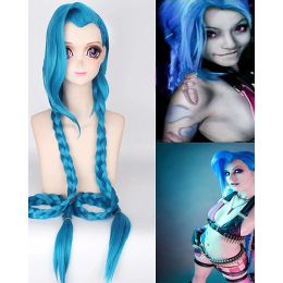 Perruques HAIRJOY Cosplay Lol Jinx 100 cm de Long bleu avec doubles tresses Halloween Anime Costume perruque cheveux synthétiques résistants à la chaleur