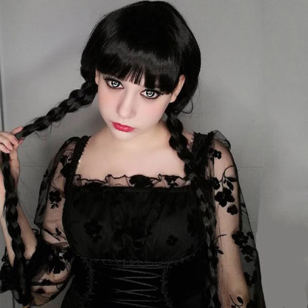 Perruques HAIRJOY mercredi synthétique avec frange noire longues nattes pour femmes filles Addams famille perruque de cheveux pour la fête
