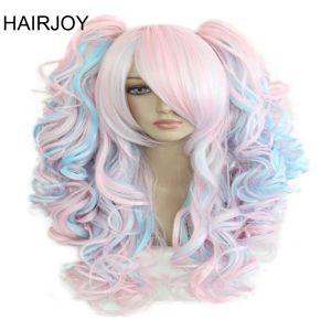 Pruiken haarjoy vrouwen 70 cm lange blauw gemengd roze golvende gevlochten 2 paardenstaarten synthetisch feest cosplay pruik 30 kleuren beschikbaar