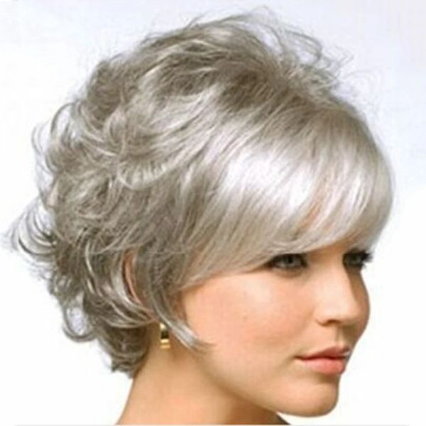 Perruques Hairjoy Femmes Synthétique Cheveux courts en couches bouclées bouffées Machine de perruque gris argenté faite