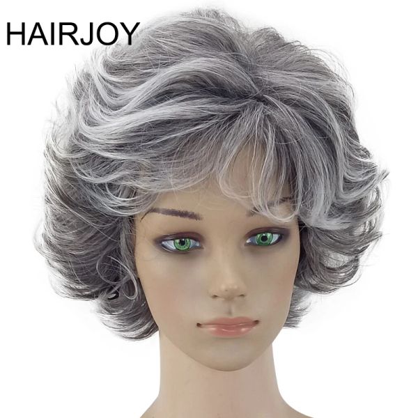 Perruques Hairjoy Femmes Wig 2 Tones Gris White Ombre Synthétique Synthétique Clour bouclée Bangs gonflés Fibre résistant à la chaleur