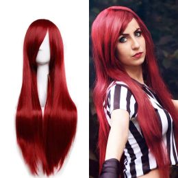 Perruques coiffure 80cm Lady Long Vin droit rouge fête Cosplay Wig Wig Synthetic Hoile résistant à la chaleur Wigs avec une frange rose noir