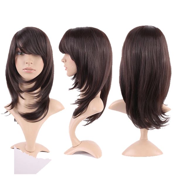 Perruques HAIRRO synthétique 13 pouces brun foncé moyen long Bob perruques synthétiques avec frange cheveux superposés perruques droites naturelles pour les femmes