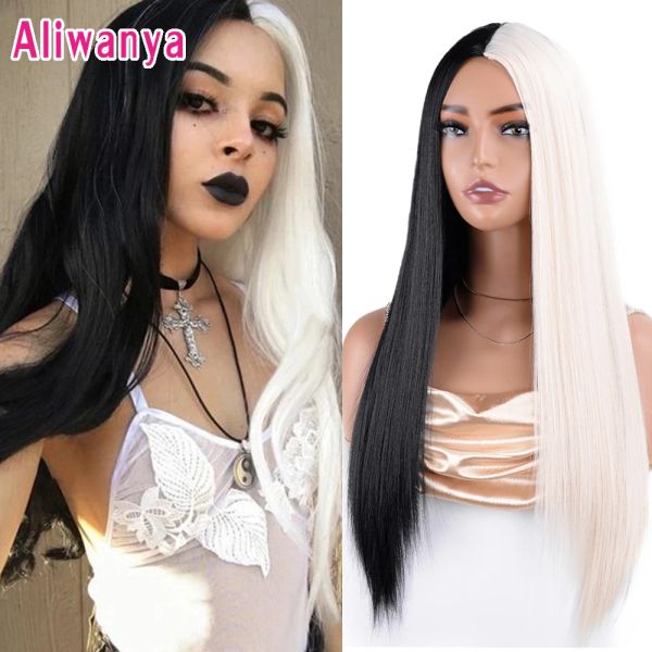 Perruques Half Black Half White Two Tone Cosplay Wig 28inch Long Straight Bicolor Wigs Hair Middle Parting For Women Daily Party Halloween