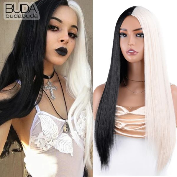 Perruques Half Black Half White Two Tone Cosplay Wig 28inch Long Straight Bicolor Wigs Hair Middle Parting For Women Daily Party Halloween