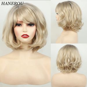 Perruques Hanerou Short Synthétique Wig Wavy Natural Blonde Ombre Puffy Femmes Hair Wig résistant à la chaleur pour la fête Cosplay