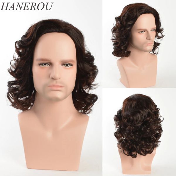 Perruques Hanerou Wig synthétique mâle perruques courtes Men de perruques ondulées naturelles brun noir gris blanc pixie coupée perruque avec frange fibre résistante à la chaleur