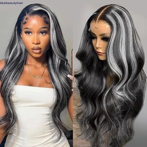 Perruque Lace Front Wig synthétique sans colle, cheveux naturels, Body Wave, couleur grise à reflets gris, avec cheveux de bébé, pour femmes noires