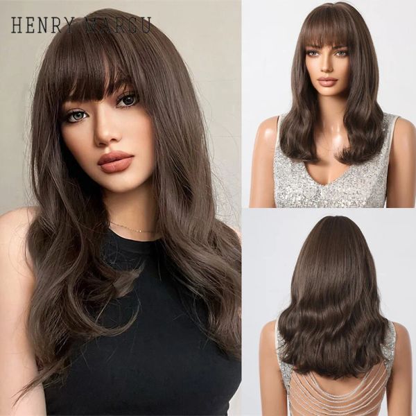 Pelucas Henry Margu Brown Wavy Hair pelucas sintéticas con flequillo de longitud media de peluca marrón oscura para mujeres CABRA NATURAL DE CALor resistente al calor